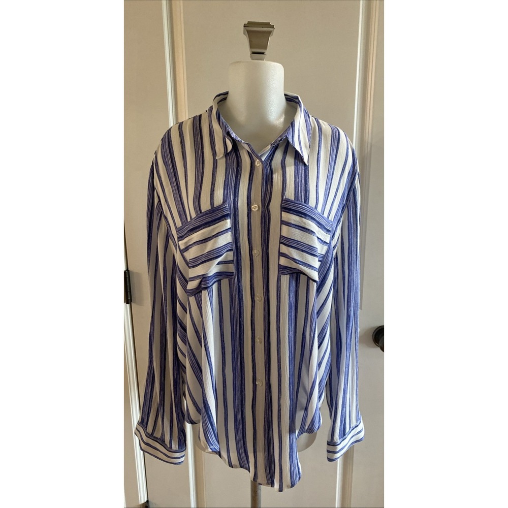 Chicos Womens Blue White Striped Button Up Shirt Size 3 Pockets Rayon Coastal